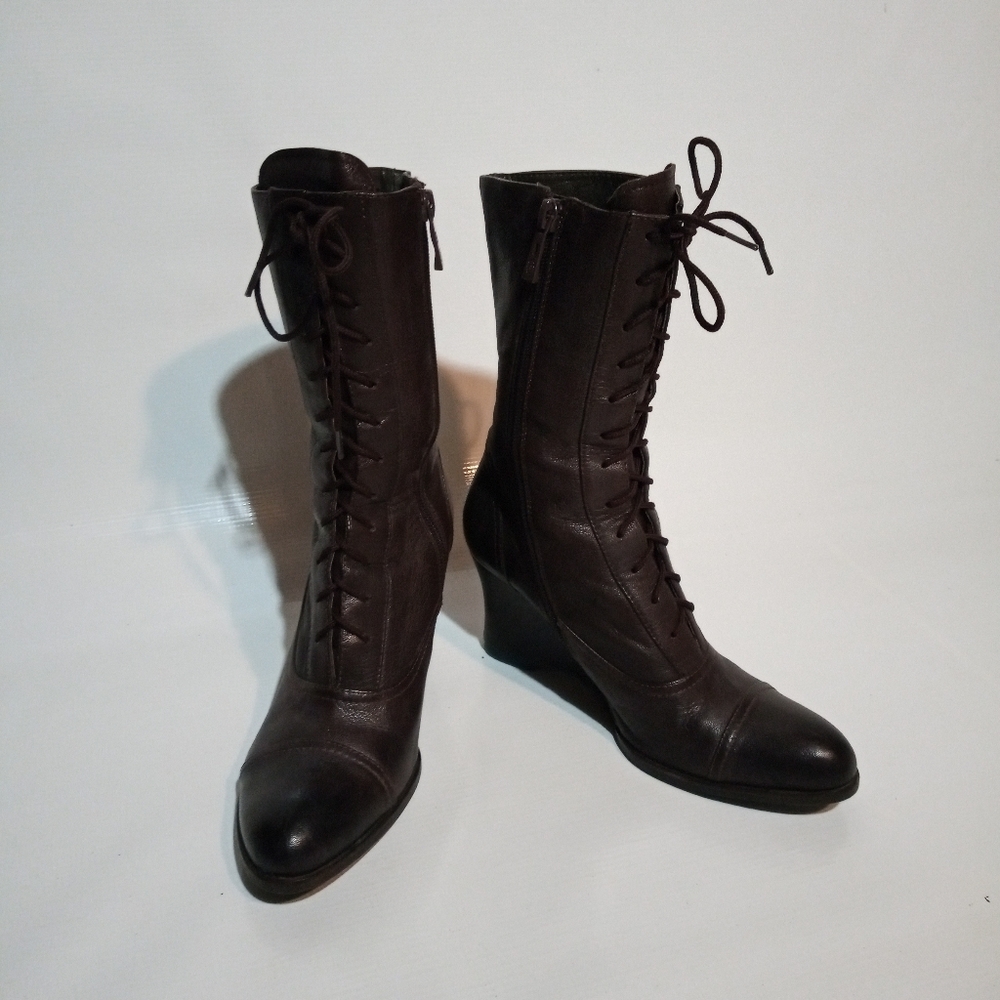 Belle Mid Calf Leather 2-inch Wedge Heeled Boots Size 6